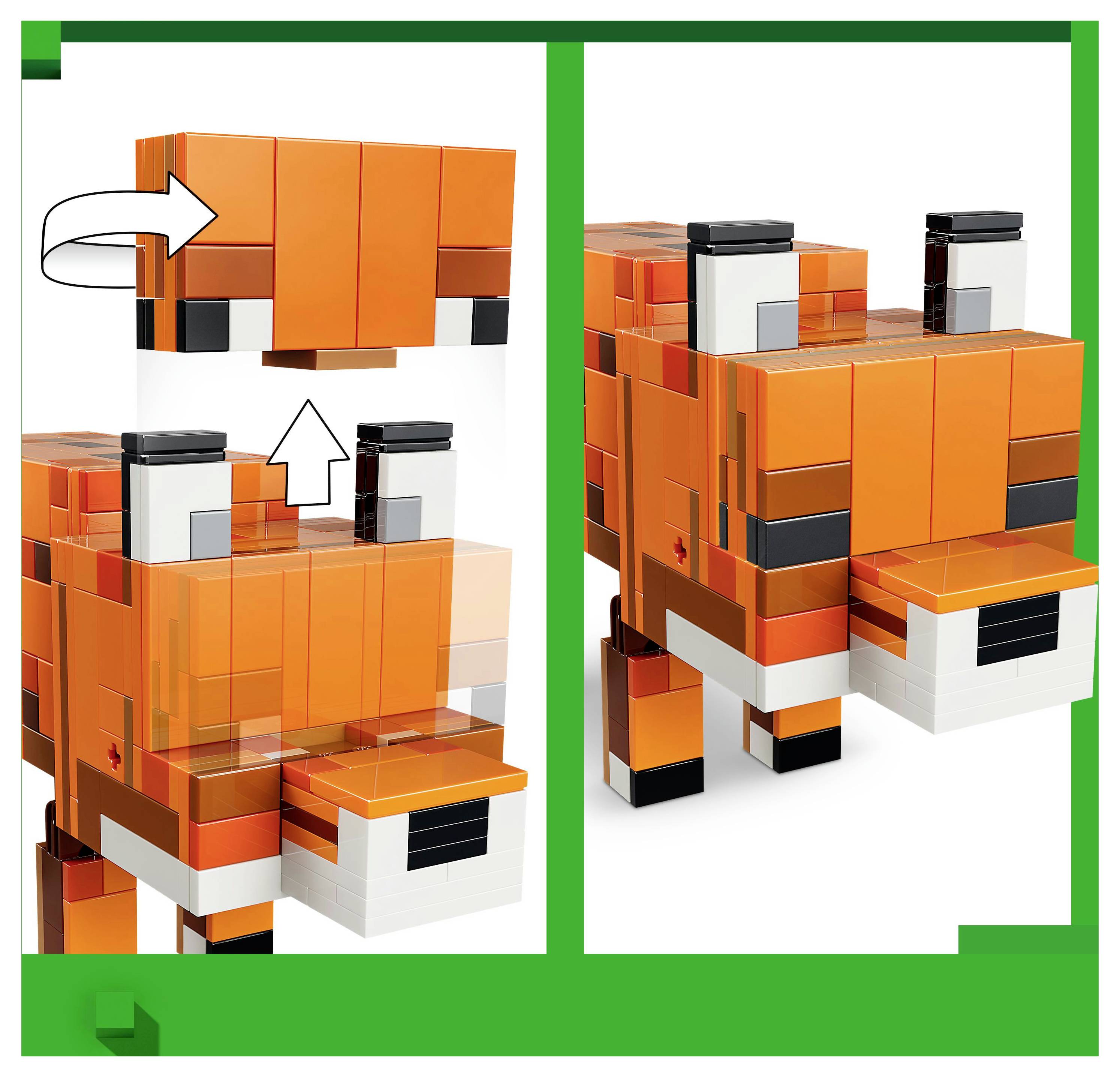 'Speelgoed vossenfiguur met verstelbare kop en poten. Diagram toont hoe de kop aan het lichaam te bevestigen. Feloranje ontwerp.'