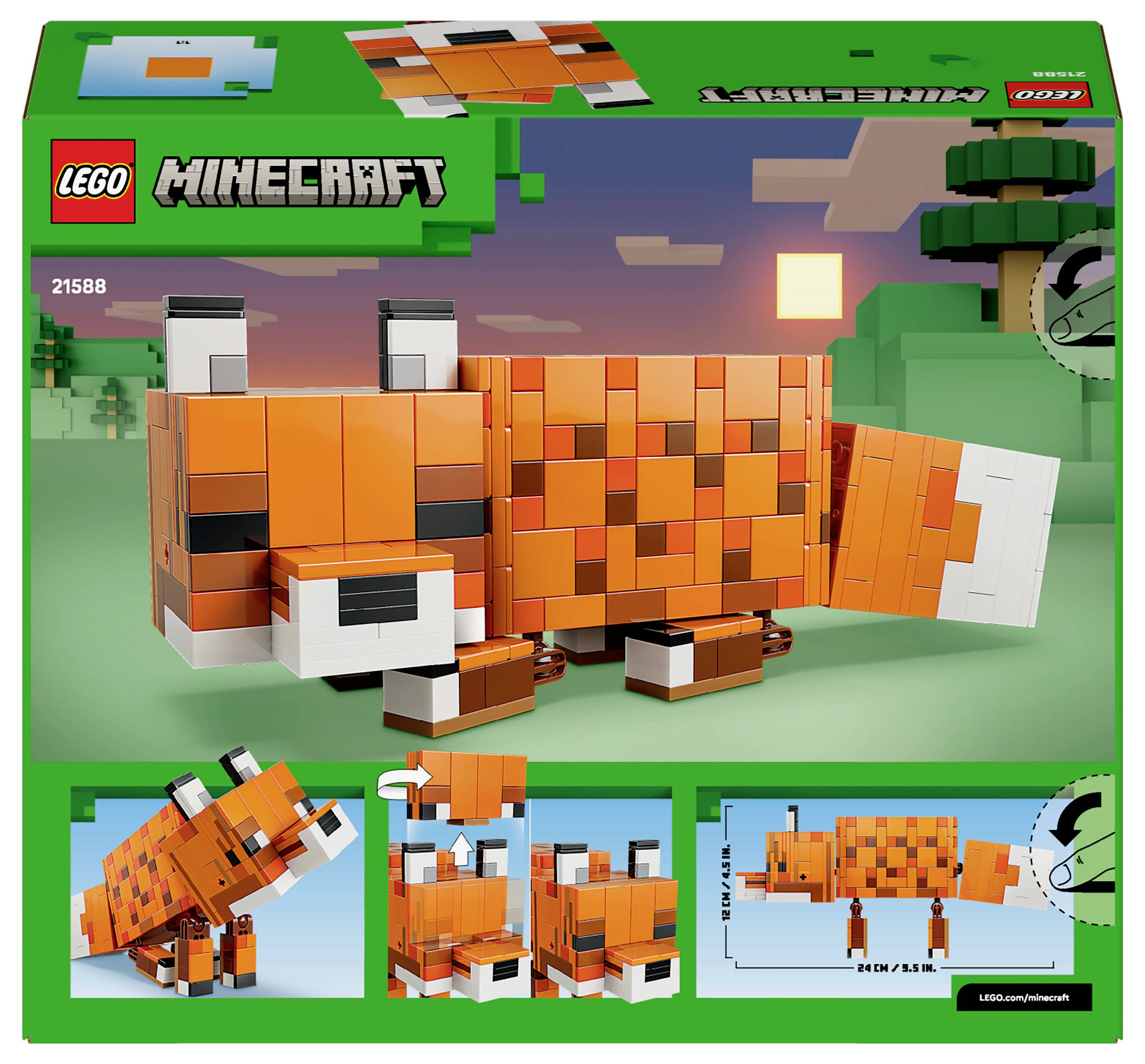 LEGO Minecraft set 21588 met een gepixelde vossenfi guur op een grasachtige blokkenlandschap, inclusief bouwhandleiding en onderdelen.