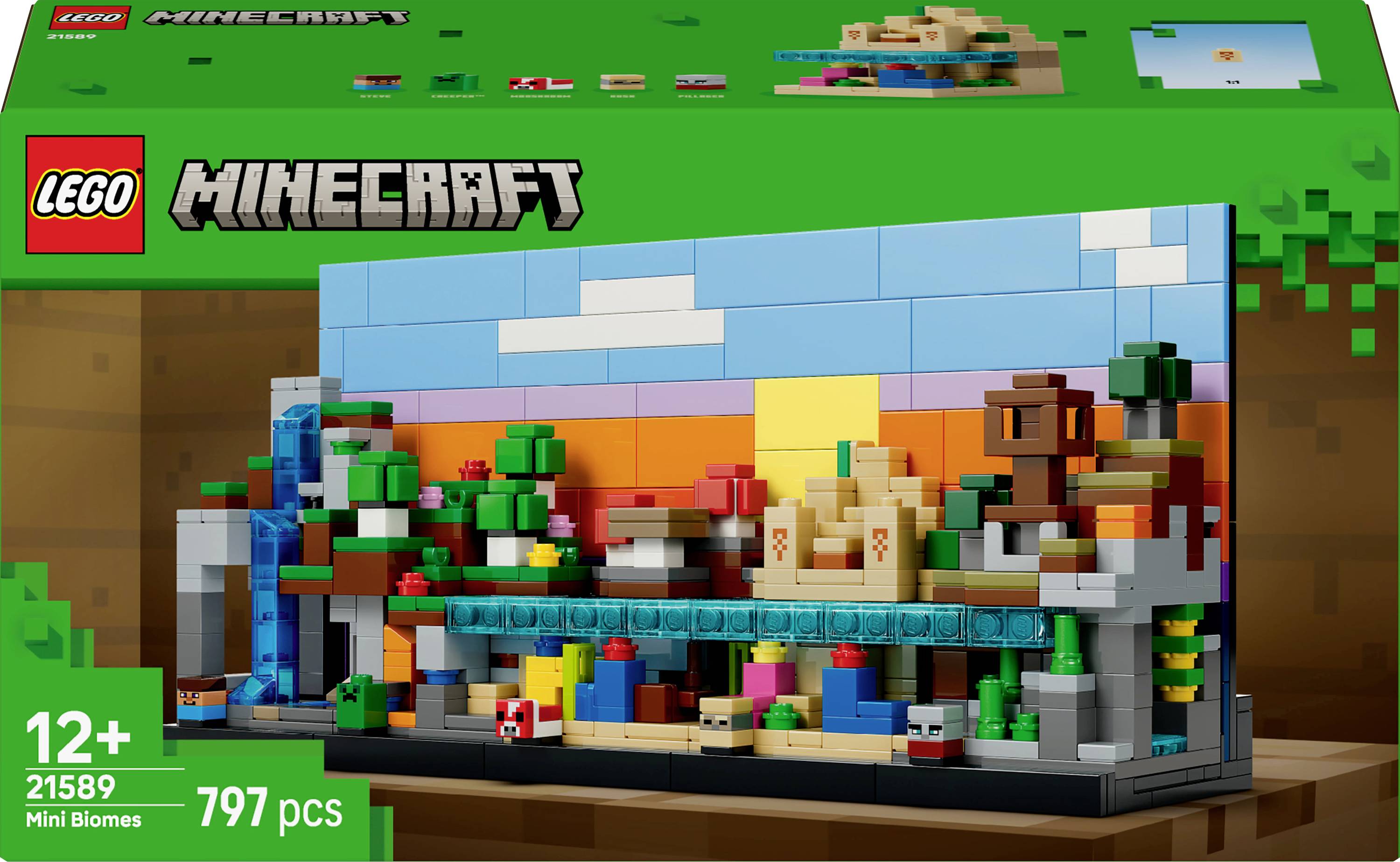 LEGO Minecraft Mini Biomes set, met een gedetailleerd blokkenlandschap met bomen, water en structuren. Bevat 797 onderdelen. Aanbevolen voor leeftijd 12+.