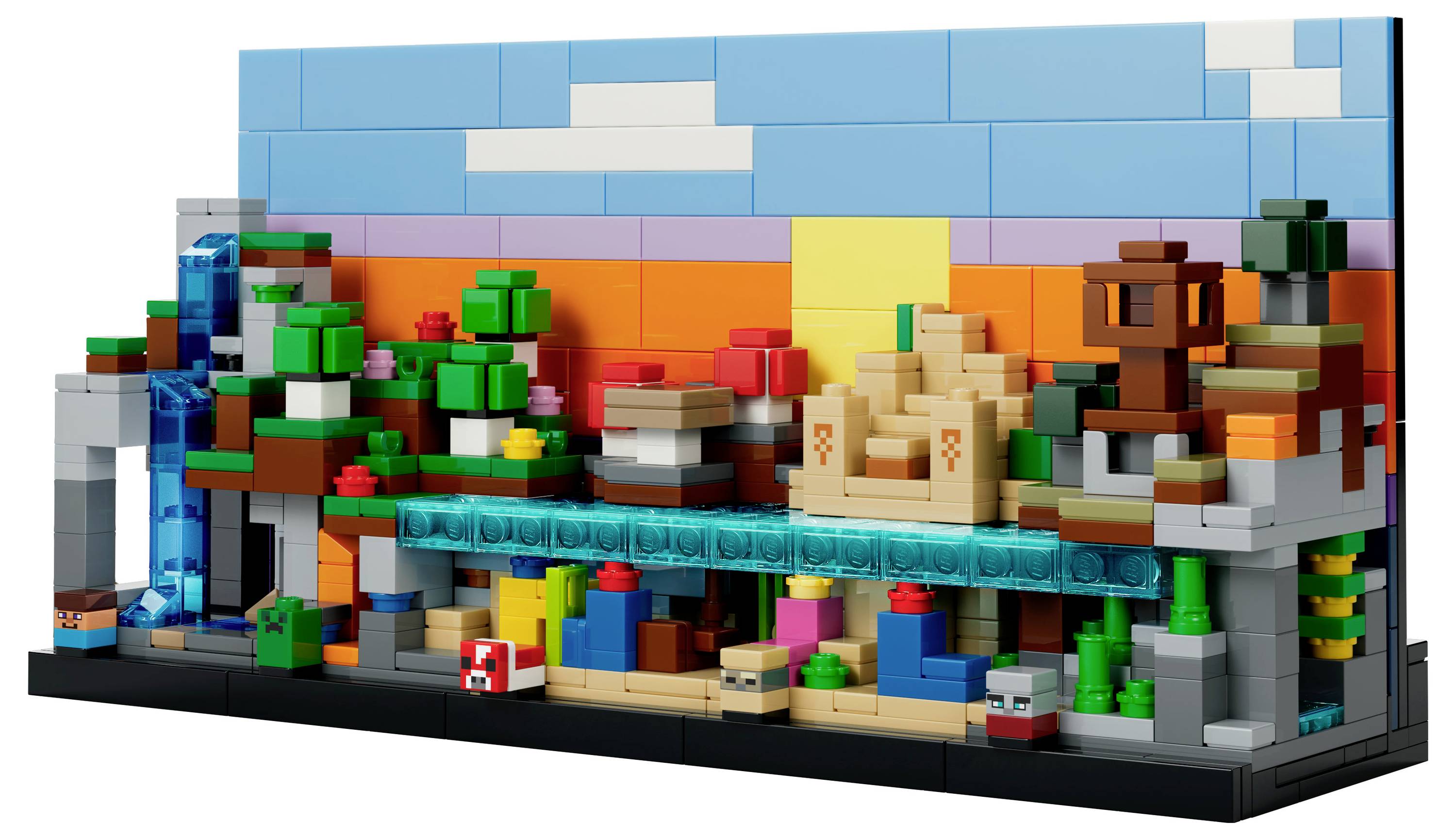 Een kleurrijk, blokkerig panorama gemaakt van LEGO-stenen, dat een levendig landschap toont met bomen, een waterval en een zonsondergang op de achtergrond.
