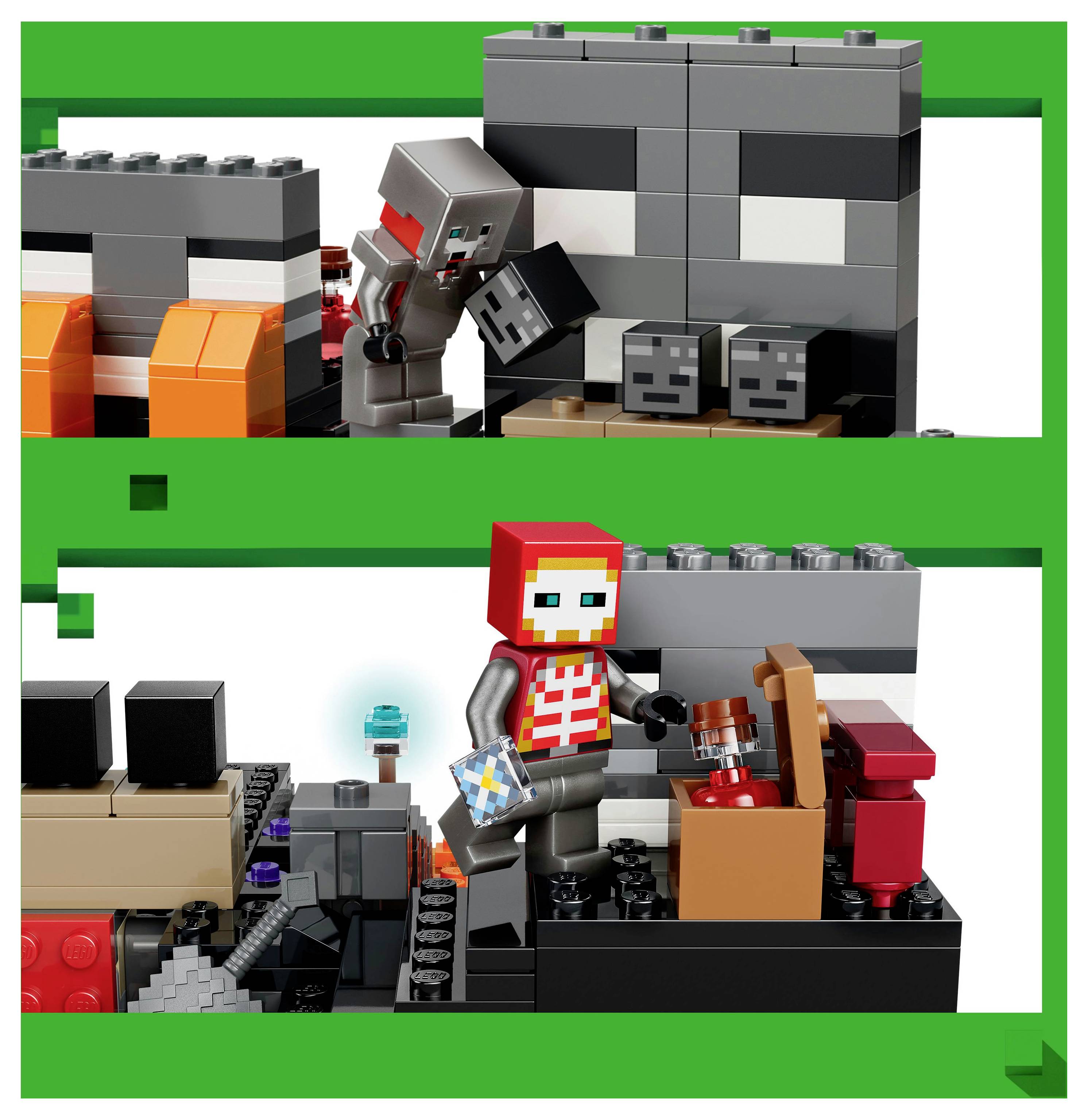 Lego-scène met blokkerige personages die interageren. Boven: Personage dat vecht tegen een constructie met oranje en grijze blokken. Onder: Personage met schedelhoofd dat een zwaard en een drankje vasthoudt nabij een kist.