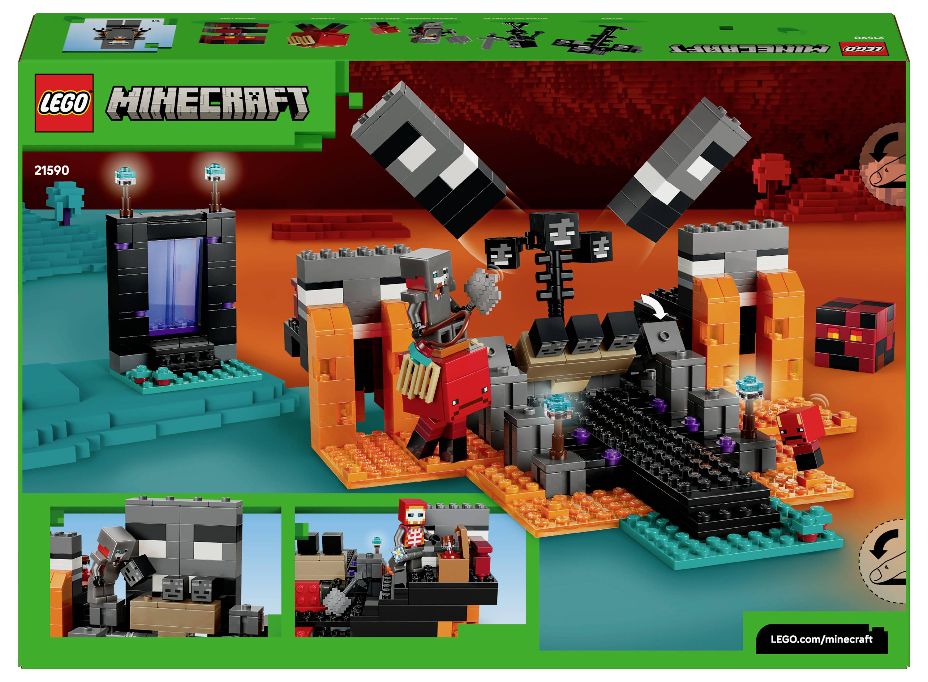 LEGO Minecraft-set met een figuur die een gevecht aangaat met een groter wezen in een blokkerige, lava-thematische omgeving, met aanvullende scènevoorbeelden.