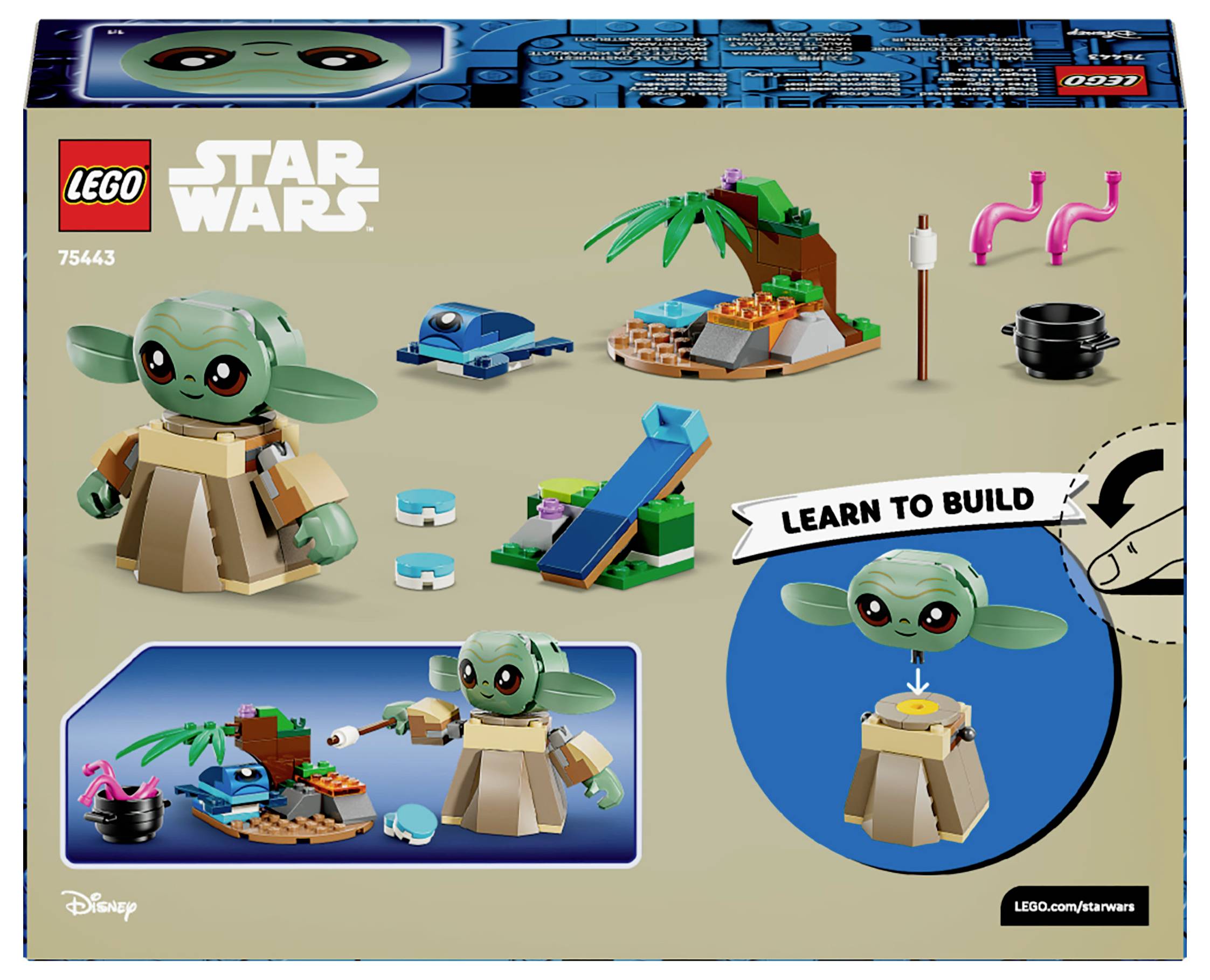 'Lego Star Wars 75443: Jong buitenaards figuur bouwset, met kleine hut, palmboom en interactieve constructietips.'