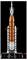 Een model van een NASA-raket staat verticaal op een displayvoet, met oranje en witte segmenten, voorzien van details die doen denken aan motoren en boosterraketten.