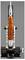 Een gedetailleerd LEGO-model van een NASA-raket, voornamelijk oranje met witte boosterpijpen, gemonteerd op een standaard, met realistische details.