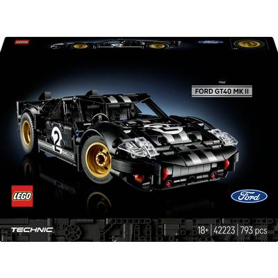 'Lego Technic Ford GT40 MK II' set, met een model van de zwarte en witte racewagen met gouden velgen. Inclusief logo's en setinformatie.