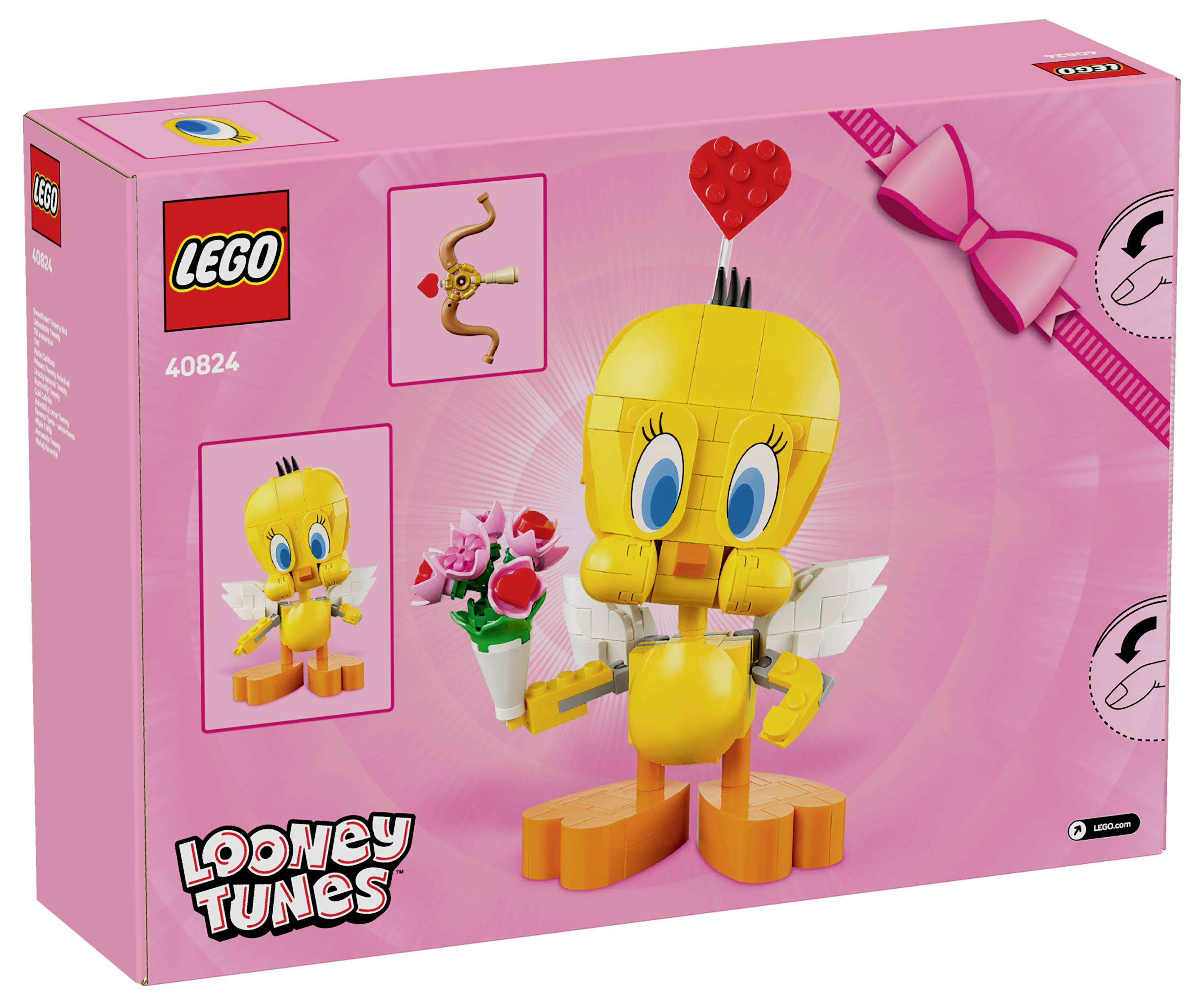 Lego-set doos met een Tweety Bird-figuur met hartvormige details, die een rozenboeketje vasthoudt. Inclusief een afbeelding van de gemonteerde figuur.