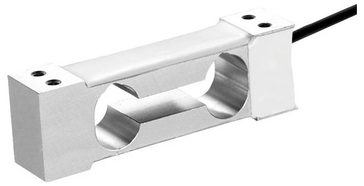 Een zilveren loadcel sensor met een kabel, ontworpen voor nauwkeurige gewichtsmeting in industriële toepassingen.