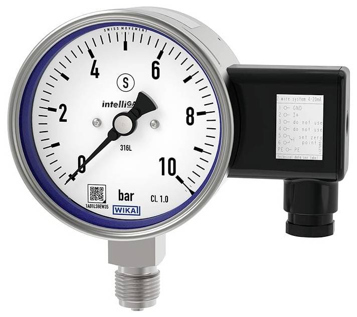 Een witte industriële drukmeter met het label 'intelliSens 316L' toont een bereik van 0 tot 10 bar. Het apparaat heeft aan de zijkant een data-aansluiting.