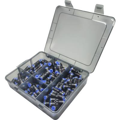 Open plastic doos met meerdere compartimenten, elk gevuld met zwarte en blauwe buiskoppelingen gesorteerd op type.