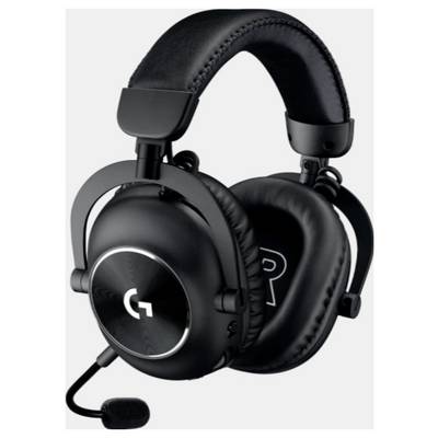 Een zwarte over-ear gaming headset met een aangehechte microfoon, voorzien van gedempt oorschelpen en de letter 'G' prominent zichtbaar aan de zijkant.