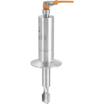 Een cilindrische metalen industriële sensor met een bijbehorende oranje kabel, ontworpen voor gebruik in verwerkingsapparatuur, waarschijnlijk voor monitoring- of meetwerkzaamheden.