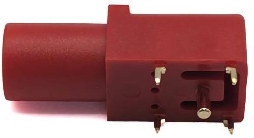 Een rode cilindrische elektrische component met een doos-achtige voet en verschillende metalen pinnen die uit de onderkant steken.