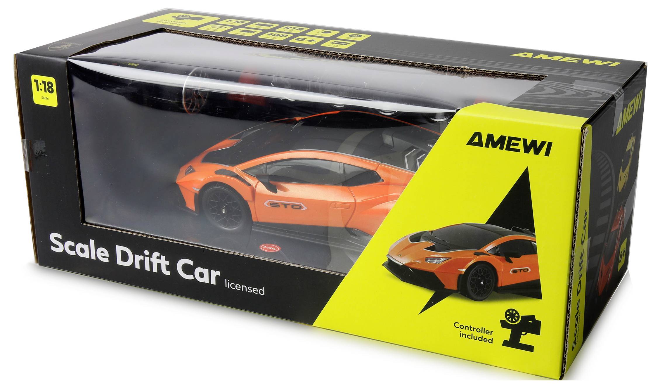 Een helder oranje schaalmodel driftauto in een zwart-gele doos met 'Scale Drift Car gelicenseerd' tekst. Controller inbegrepen.