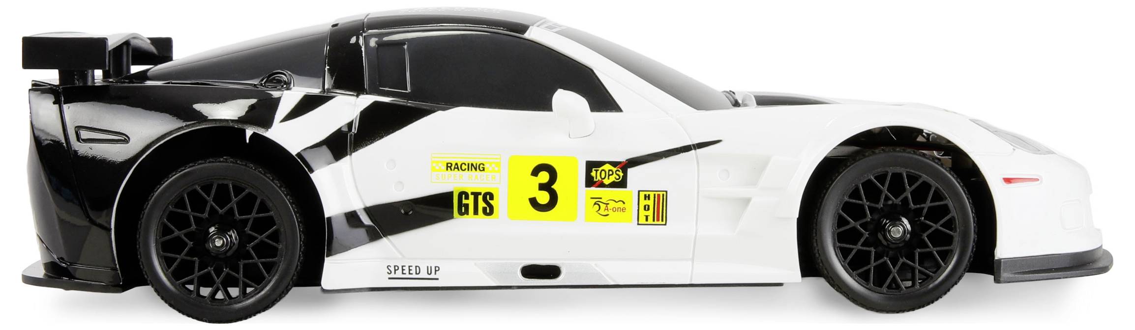 Een wit en zwart speelgoed racewagen met het nummer '3' aan de zijkant, voorzien van een spoiler en decoratieve racedecals.