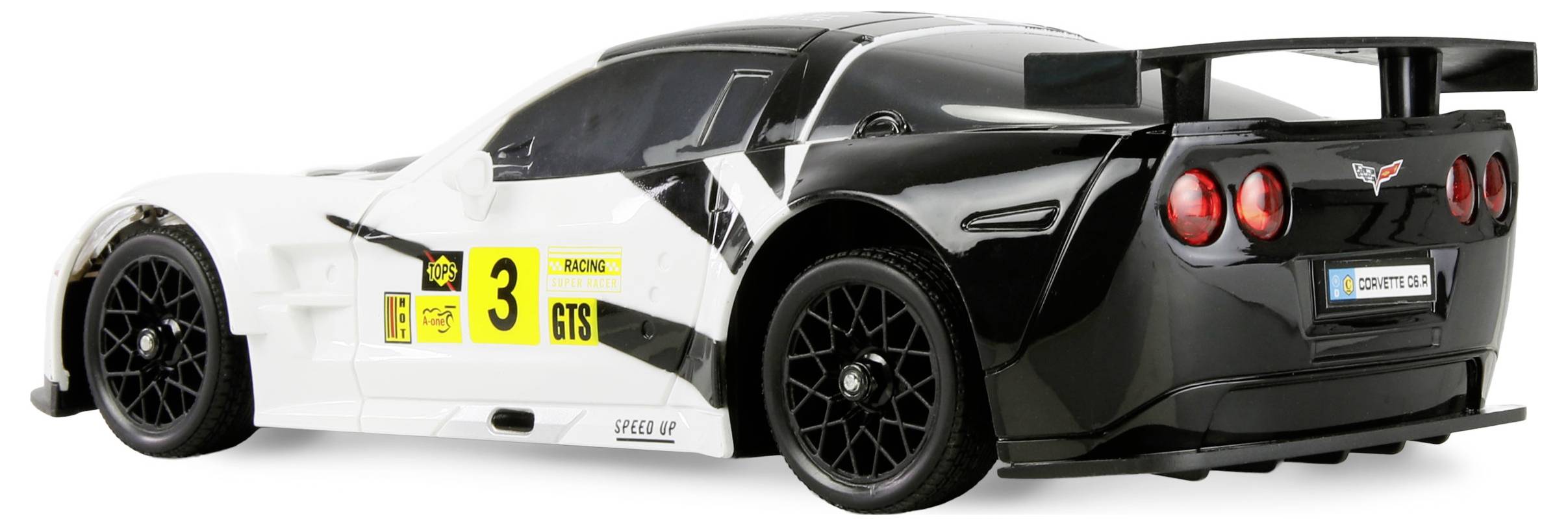Een zwarte en witte racewagen speelgoed met een grote achterspoiler en het nummer '3' en 'GTS' aan de zijkant, ontworpen voor hoge snelheidsperformance.