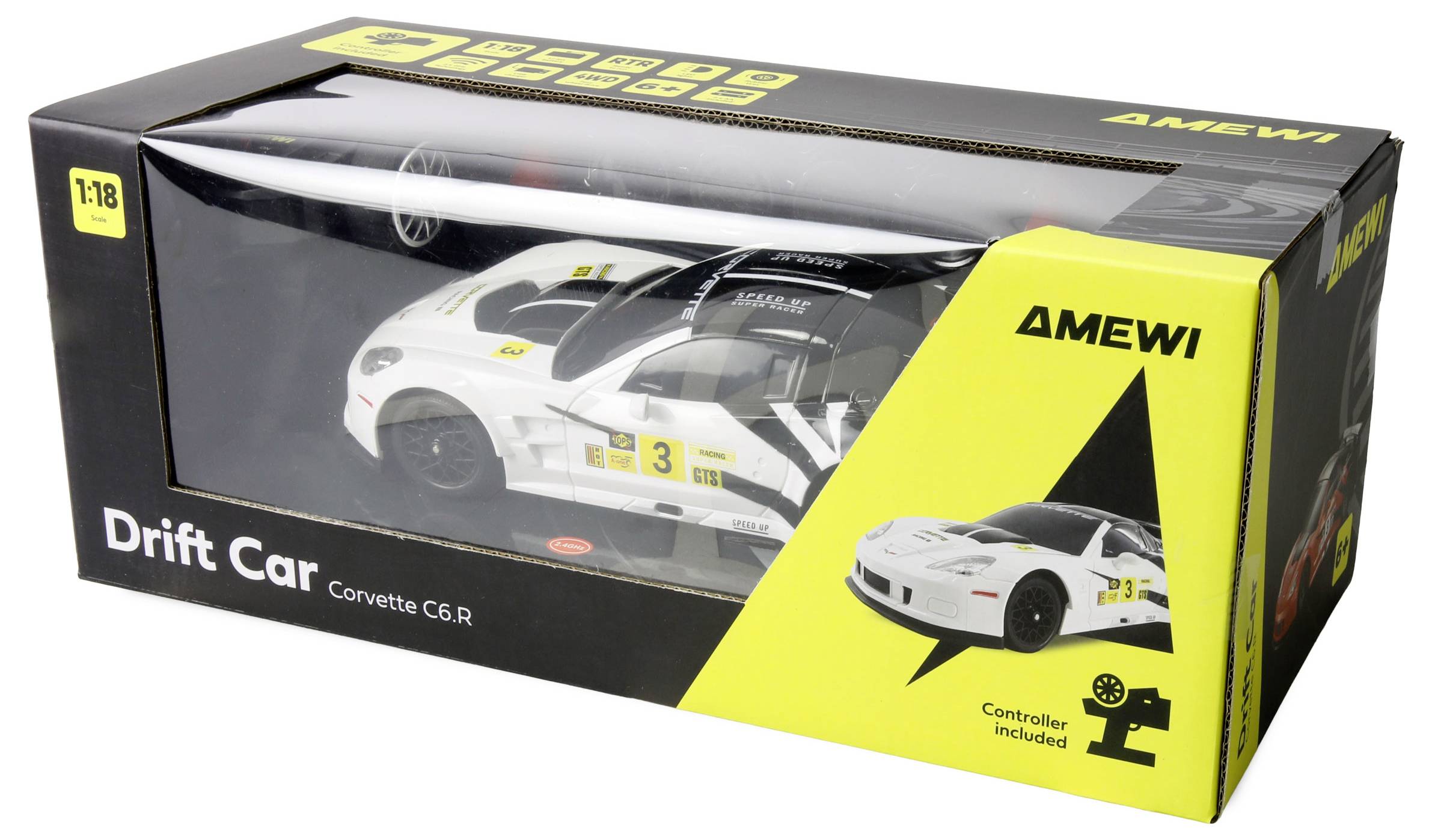 'Drift Car Corvette C6.R' speelgoedauto in een geel en zwart doosje, inclusief afstandsbediening. Schaal 1:18.