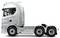 Een zilveren semi-truck cabine zonder aanhangwagen, gezien van opzij, met gedetailleerde vormgeving en wielen; gebruikt voor langeafstandstransport.