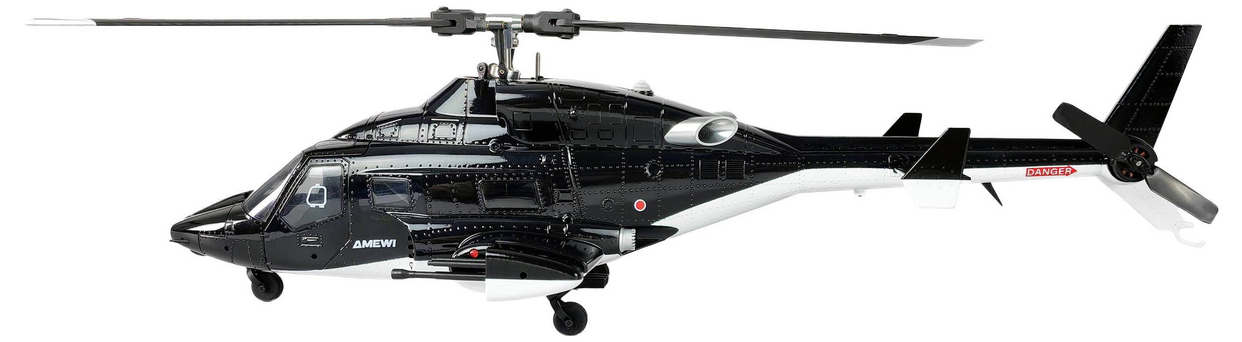 Een zwart-wit helikoptermodel met een strak design, zichtbaar van opzij, met zichtbare rotorbladen en landingsski's.