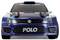 Vooraanzicht van een blauwe Volkswagen Polo rallywagen model met 'Volkswagen' op de voorruit en 'POLO' op de grille.