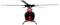 Een vooraanzicht van een rood en zwarte helikopter met uitgestoken rotorbladen, geïsoleerd op een witte achtergrond.
