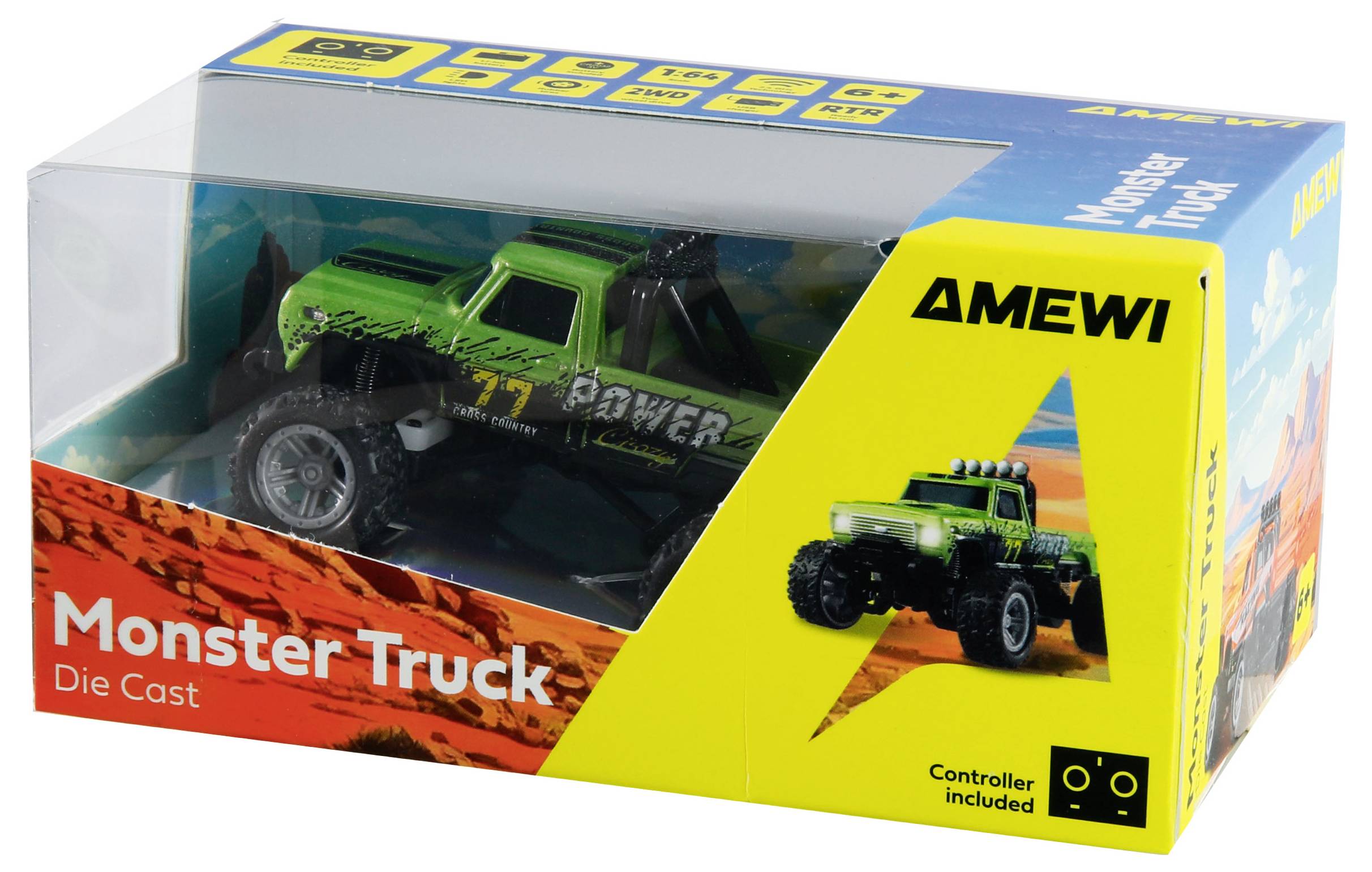 'Monster Truck' die-cast speelgoedauto in een doos met een afstandsbediening. De truck is groen met het woord 'POWER' erop. Merk: AMEWI.