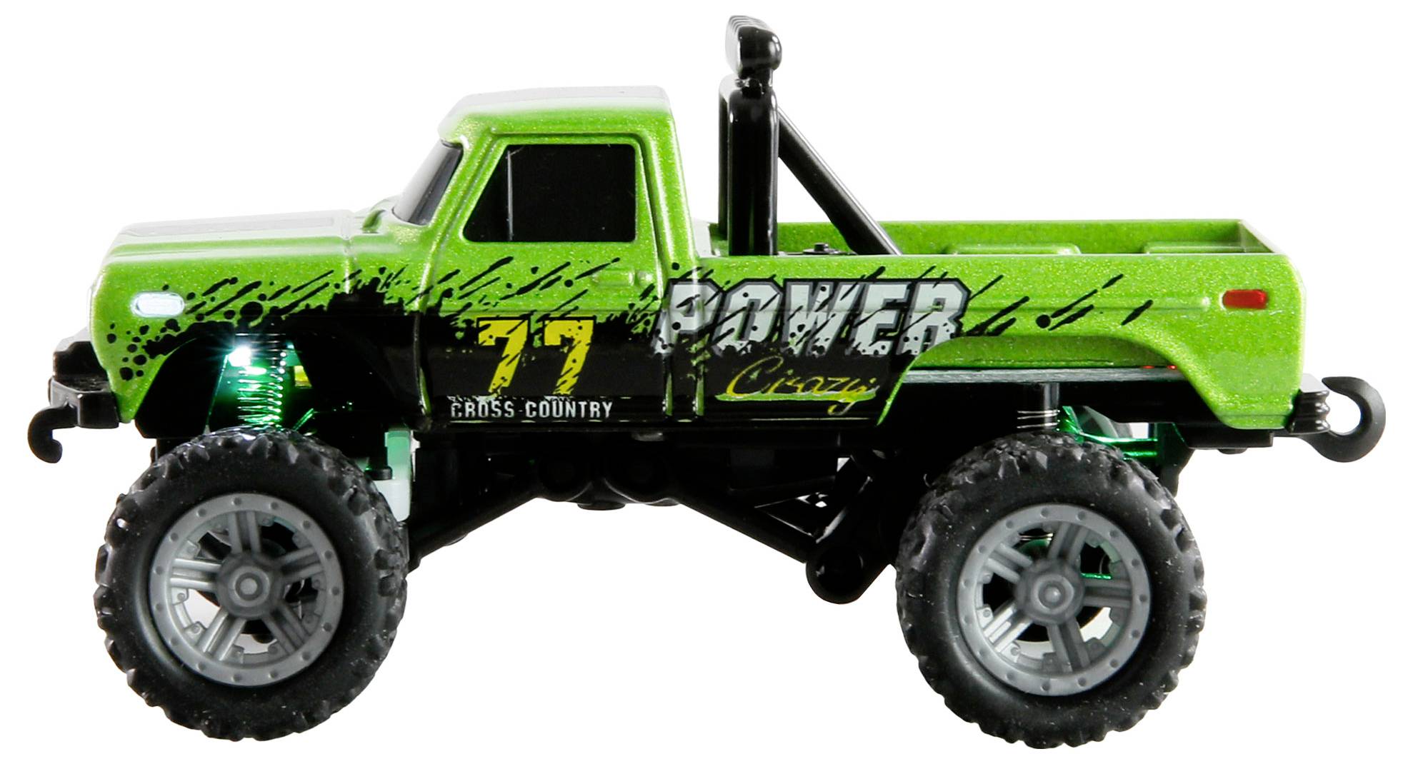 Een kleine speelgoed monstertruck met een felgroene carrosserie, grote zwarte banden, en een 'Power Crazy' sticker. Nummer '77' staat aan de zijkant gemarkeerd.