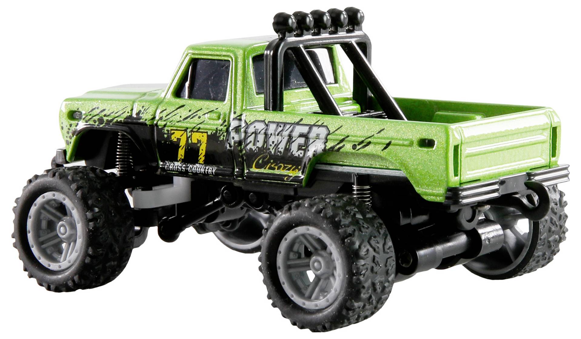 Een groene speelgoed monstertruck met grote wielen en een rolkooi, met '77' en 'Blaster' stickers aan de zijkant.