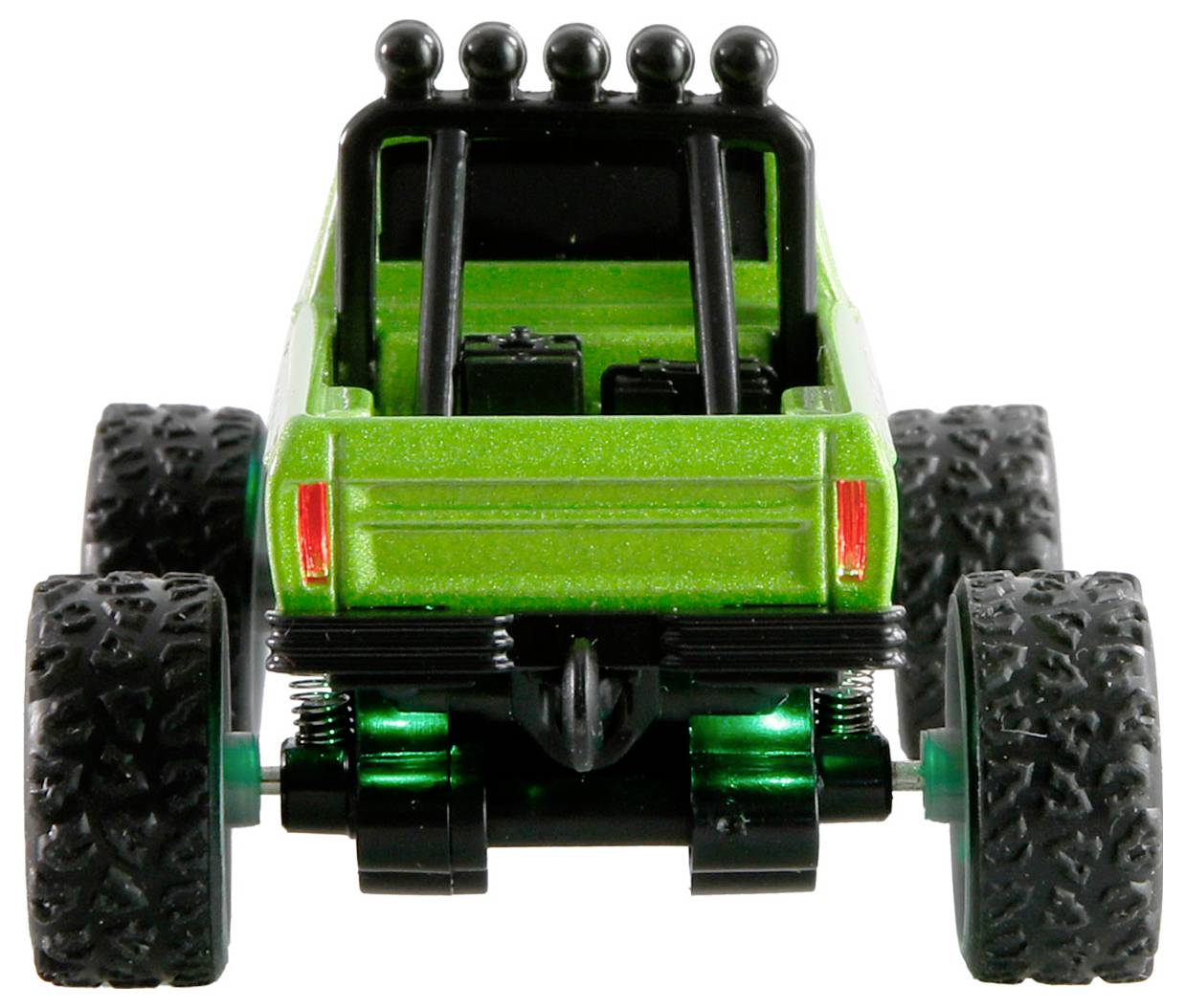Een groene speelgoed monstertruck gezien van achteren met vier grote, gestructureerde banden en een eenvoudige laadbakconfiguratie.