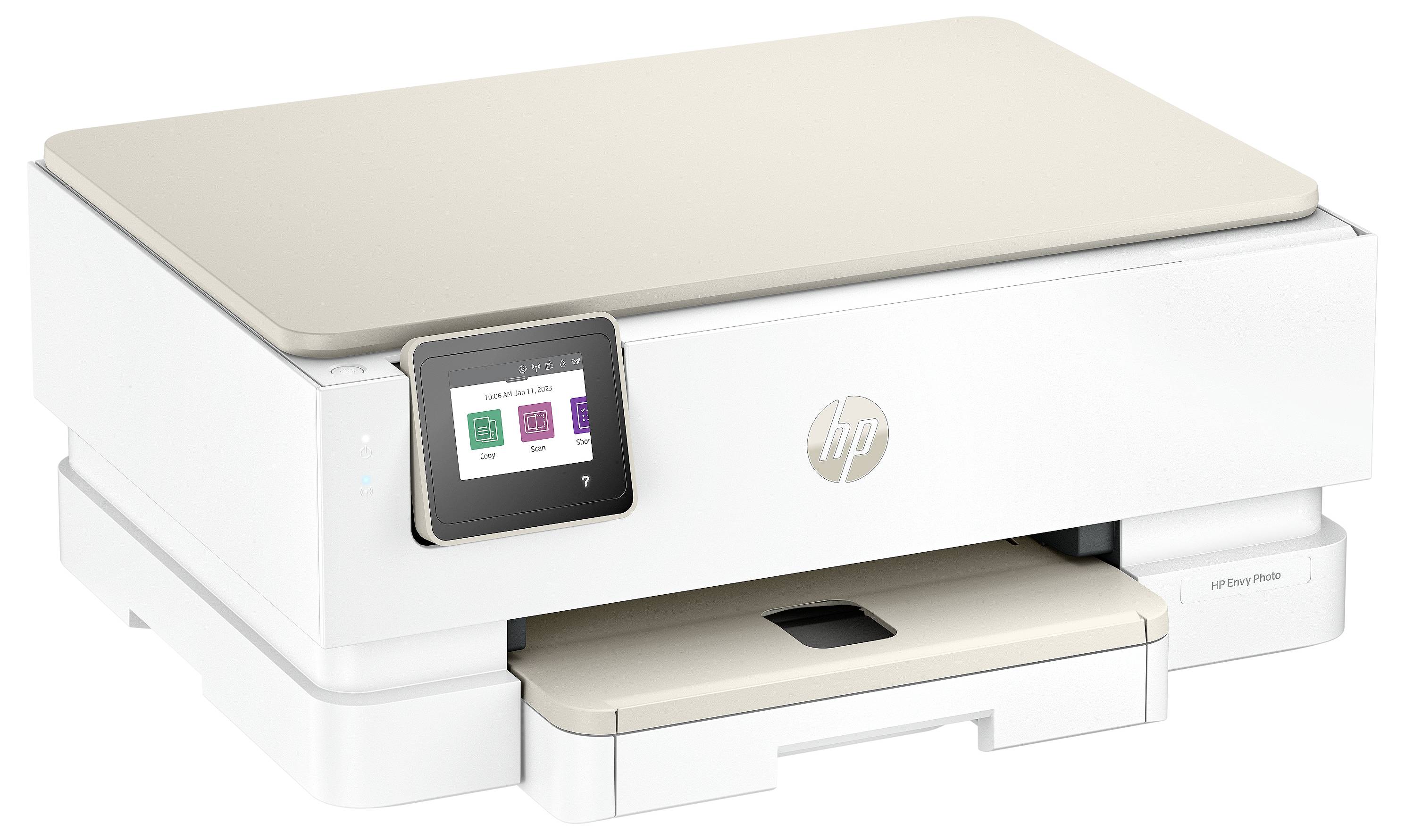 Een witte multifunctionele printer met een touchscreen waarop pictogrammen voor kopiëren, scannen en afdrukken worden weergegeven.