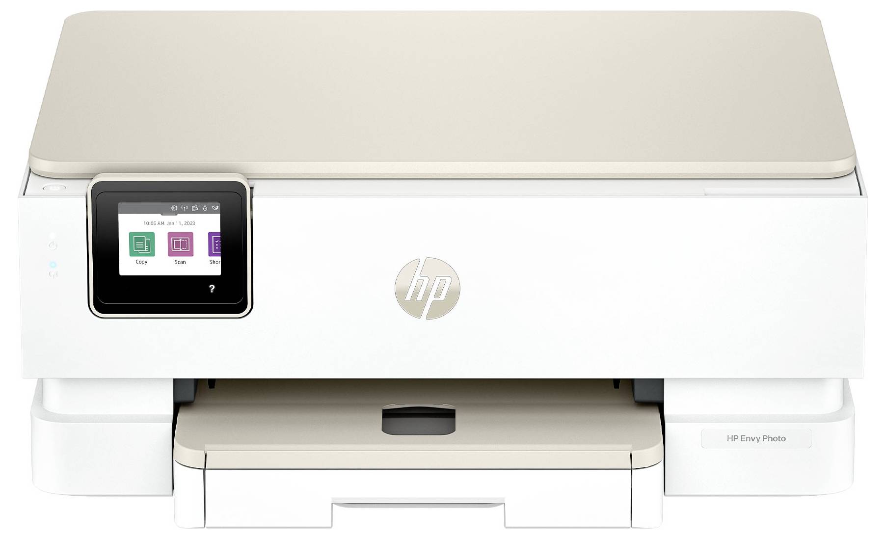Een witte HP Envy Photo-printer met een klein digitaal display dat de printerstatus en opties toont.