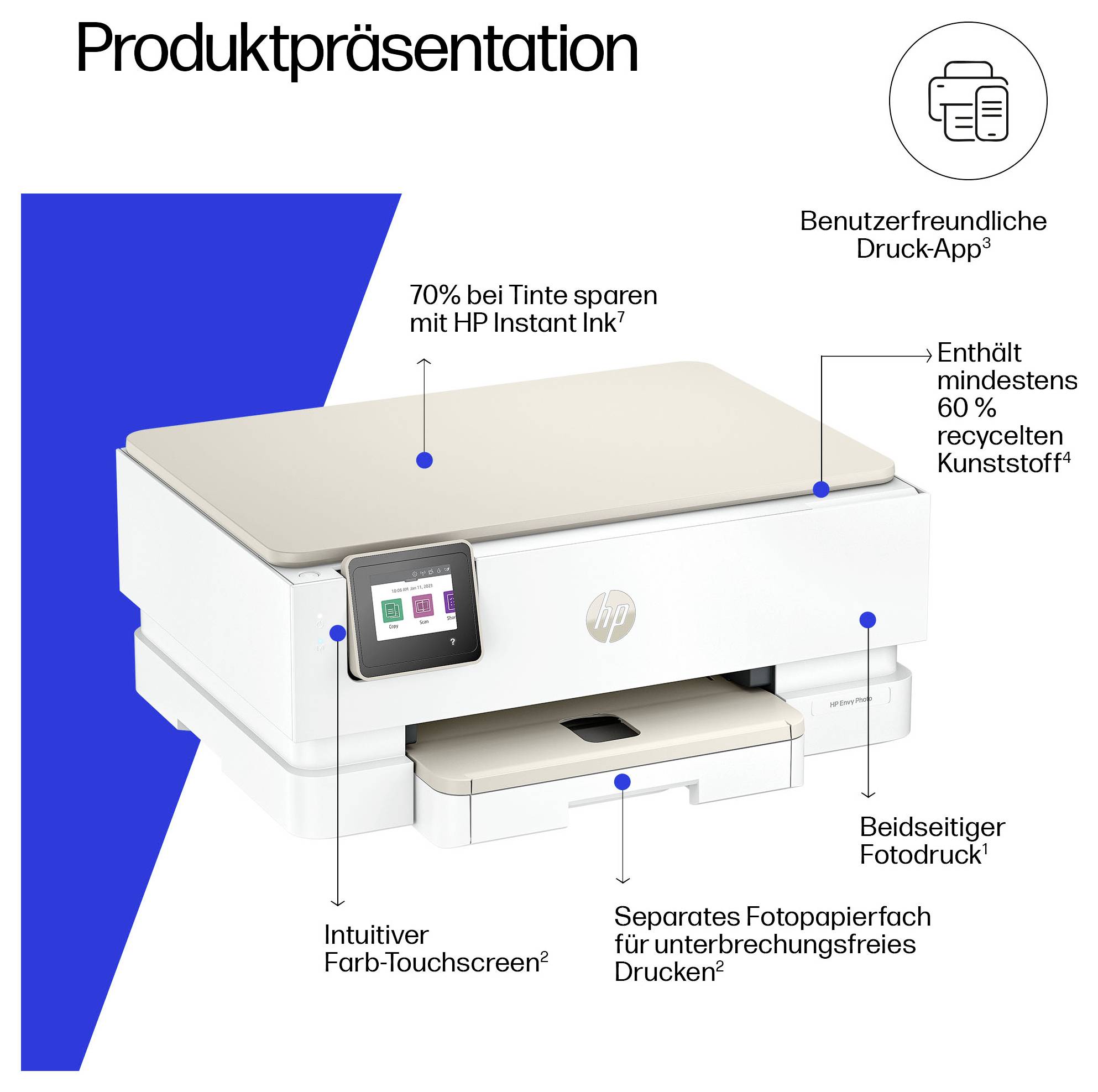 Productpresentatie van een witte HP-printer met aanraakscherm; benadrukt worden 70% besparing op inkt, minstens 60% gerecycled kunststof en dubbelzijdig afdrukken.
