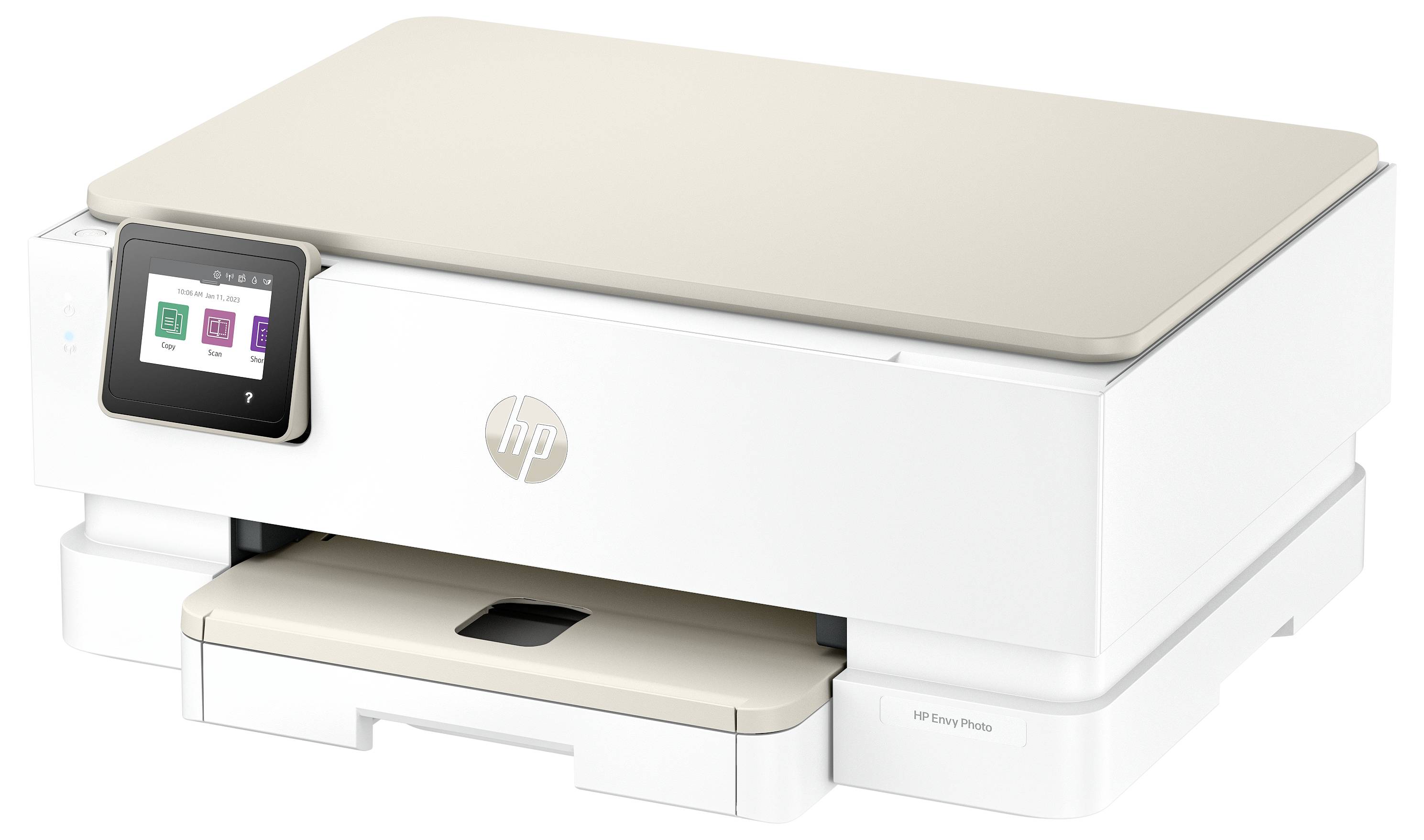 Een witte HP-printer met een touchscreendisplay aan de zijkant, met het logo aan de voorkant.