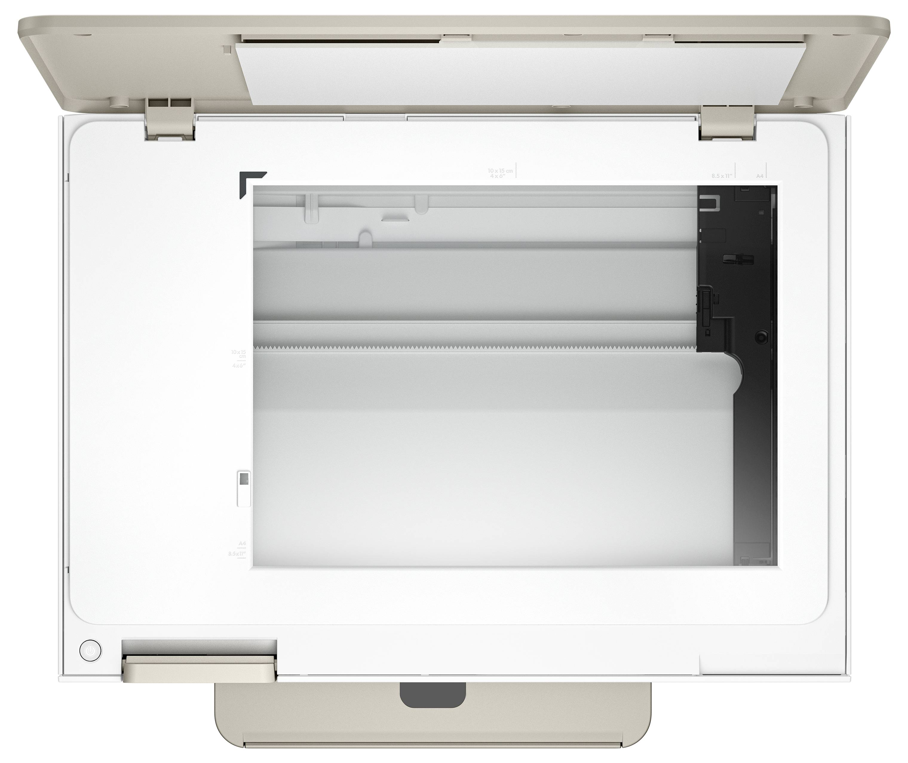 Een bovenaanzicht van een open flatbedscanner met een witte deksel, een transparant glazen oppervlak en een zichtbaar scangebied.