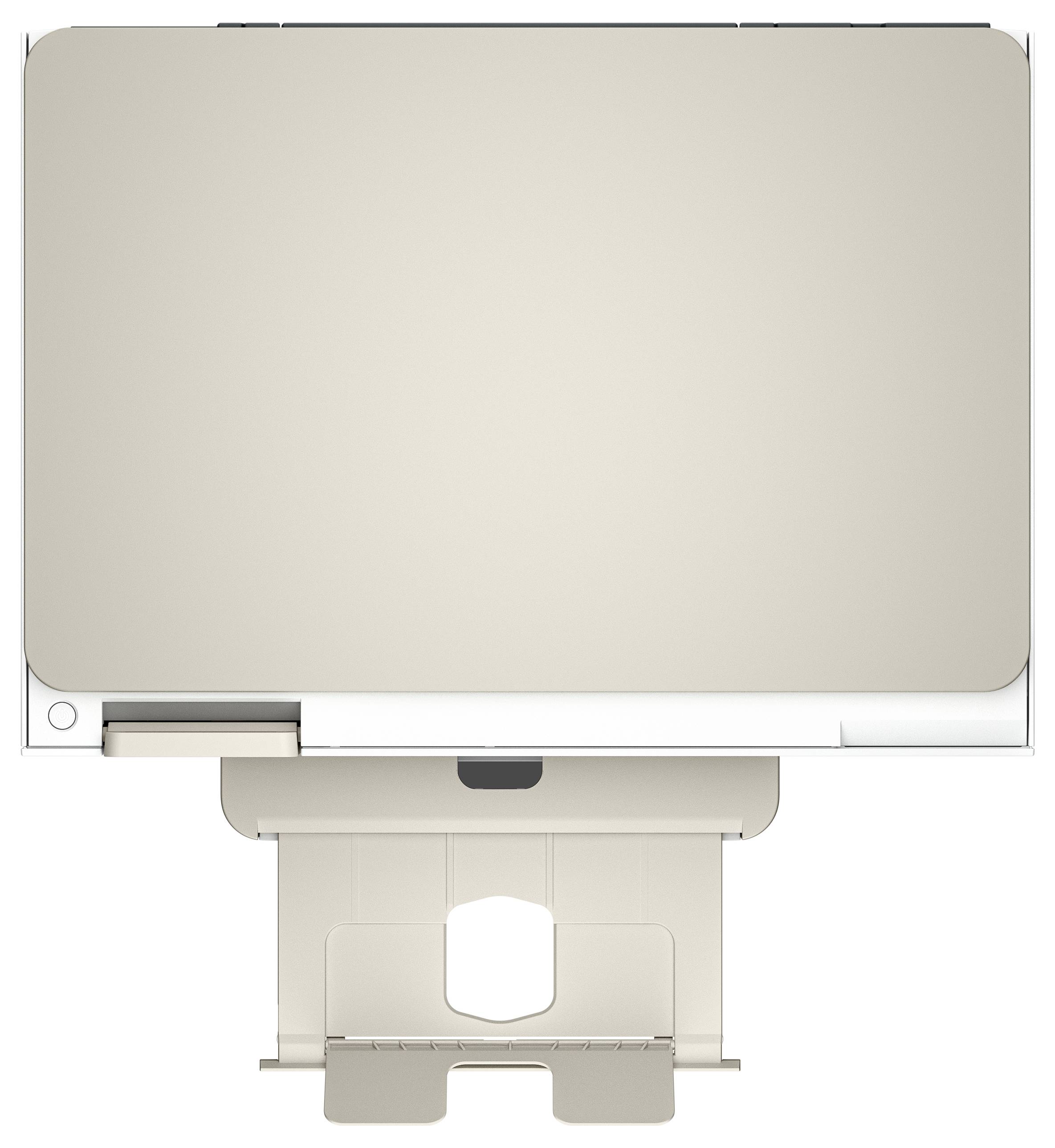 Een beige bureaustandaard gezien van bovenaf, met een vlak oppervlak en een steunvoet, ontworpen voor een ergonomische werkplek-indeling.