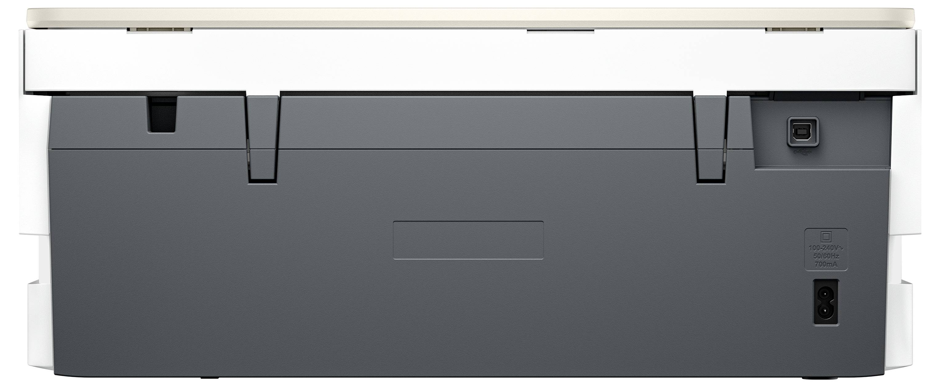 Achteraanzicht van een witte en grijze printer waarbij de poorten en stroomverbindingen zich aan de rechterbenedenhoek bevinden.