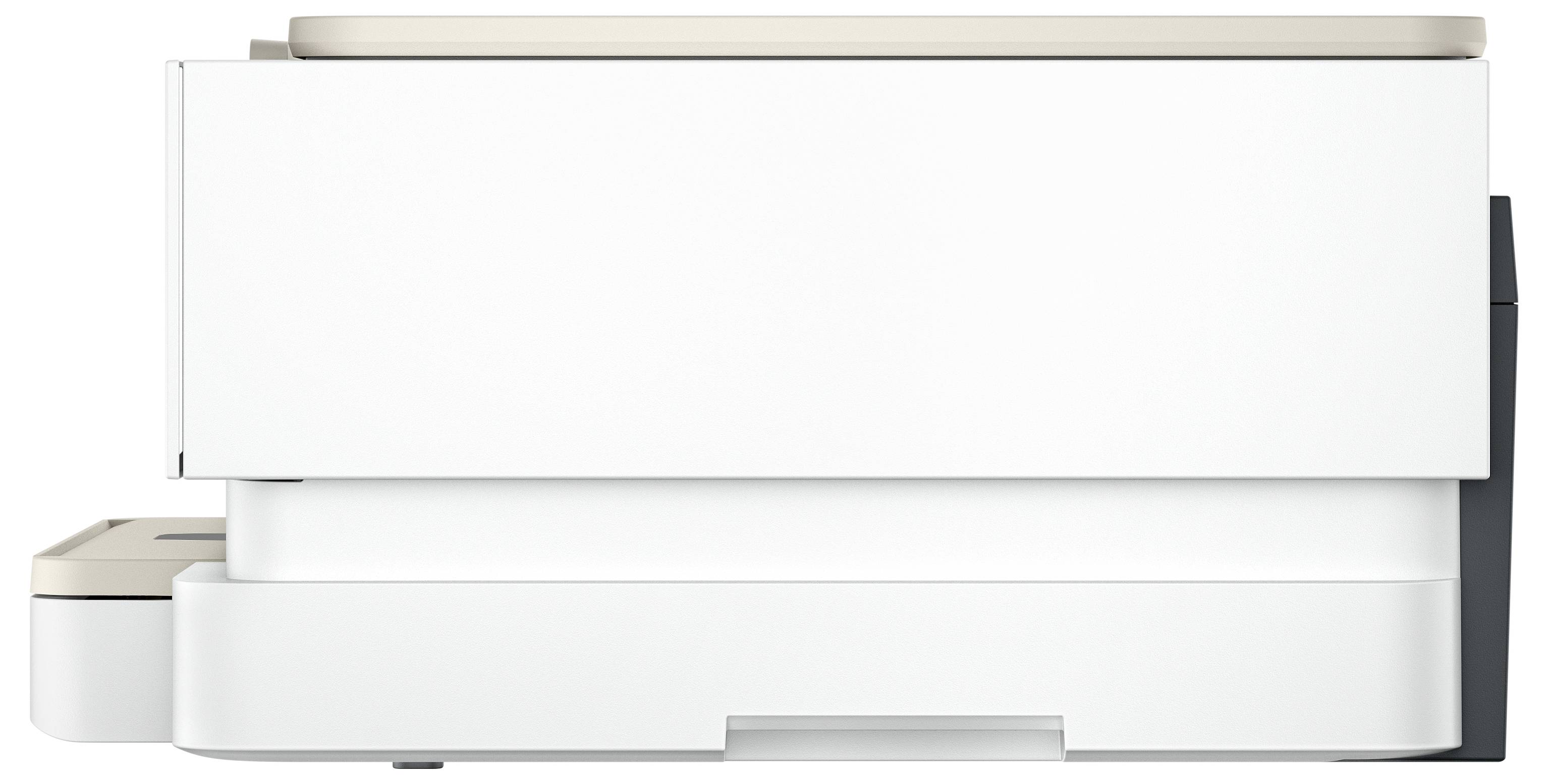 Een witte en beige printer met een strak, modern design, gezien vanaf de zijkant, waarbij de papierlade en het bedieningspaneel zichtbaar zijn.