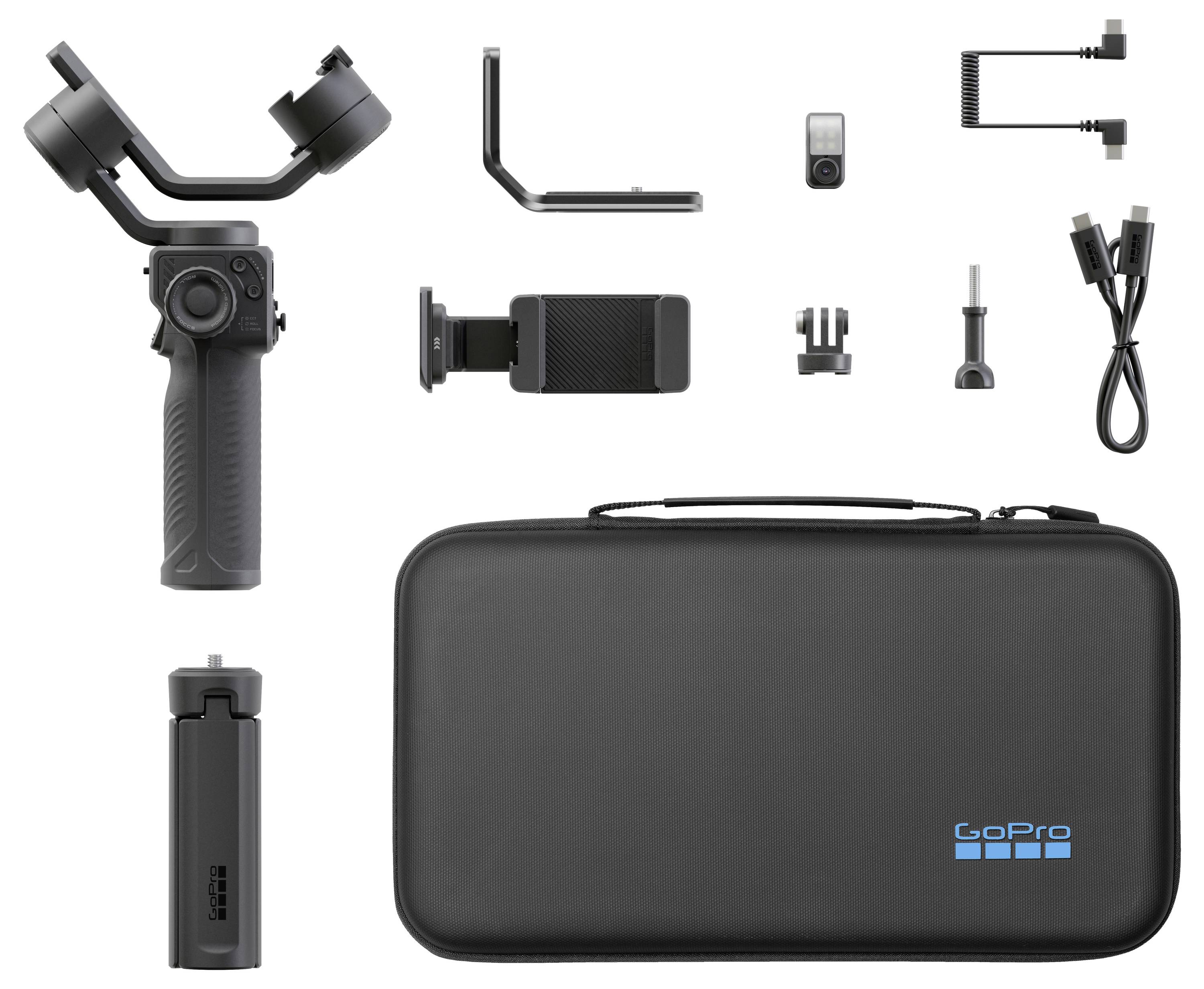 GoPro Karma Grip-set met stabiliserende gimbal, bevestiging, batterij, USB-kabels en draagtas, ontworpen voor stabilisatie van actiecamera's.