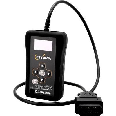 Een draagbare GS YUASA batterij configuratiegereedschap met een aangesloten kabel, display scherm en bedieningsknoppen.