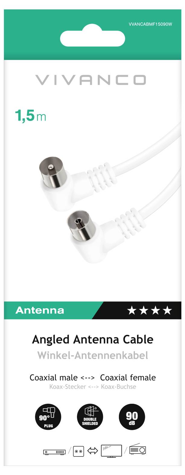 Witte Vivanco hoekige antennekabelverpackaging. Details: 1,5m lengte, coaxiale male naar female connectoren, 90° hoek, beoordeeld met 4 sterren.