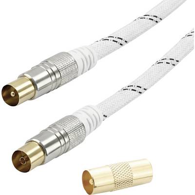 Antennekabel met zilveren connectoren en een vergulde adapter, die het nut ervan voor elektronische verbindingen benadrukt.