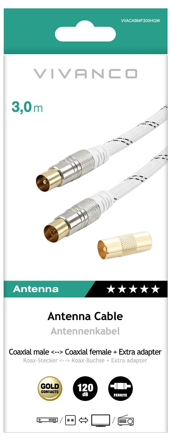 'Vivanco antennekabel 3,0m met coaxiale male naar female connectoren en extra adapter, vergulde uitvoering, ondersteuning tot 120 dB.'