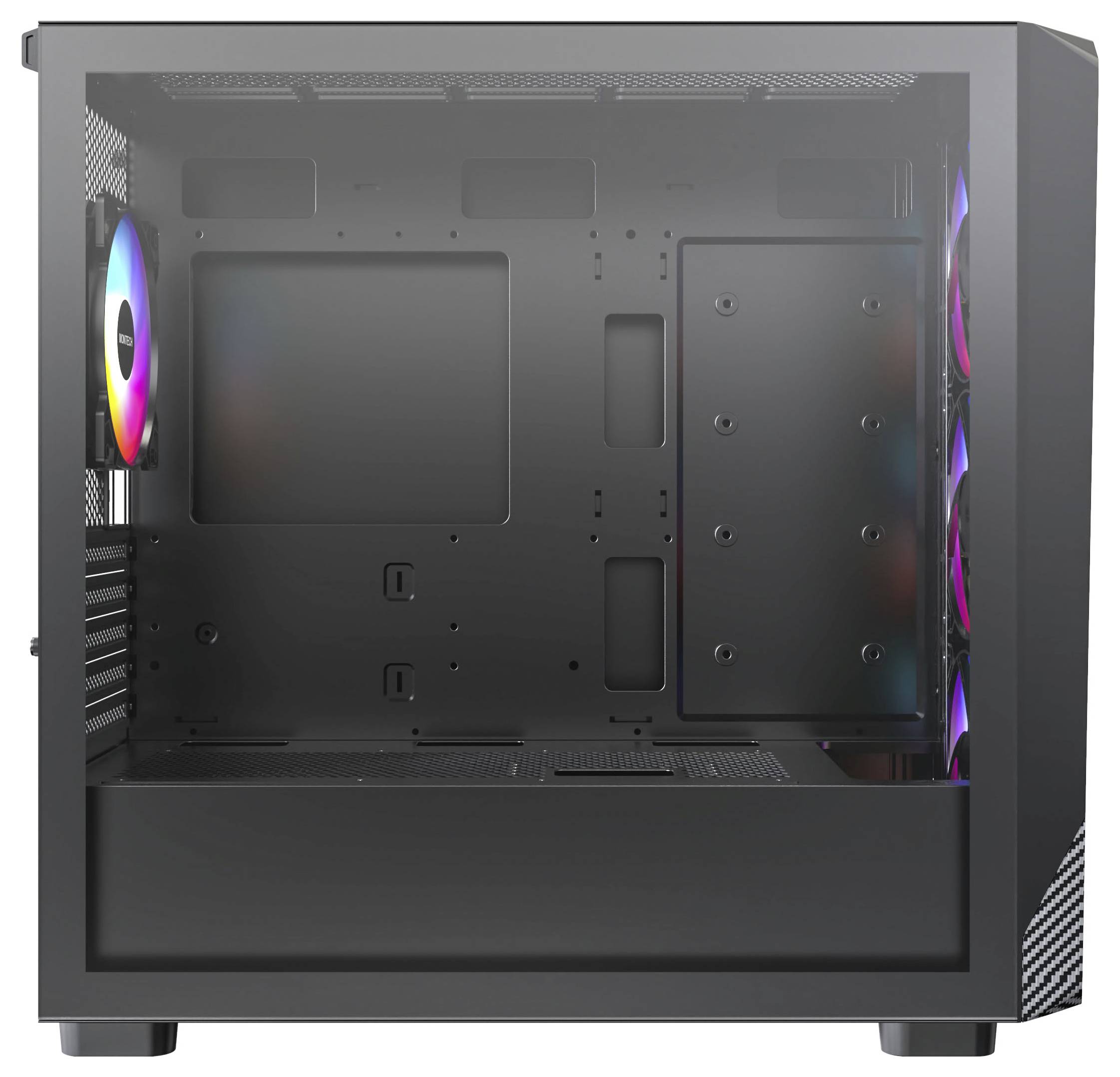 Een zwarte computerbehuizing met een transparant zijpaneel dat de binnenruimte laat zien. Drie RGB-ventilatoren zijn zichtbaar aan de rechterkant, waarbij ze kleurrijke verlichting toevoegen.