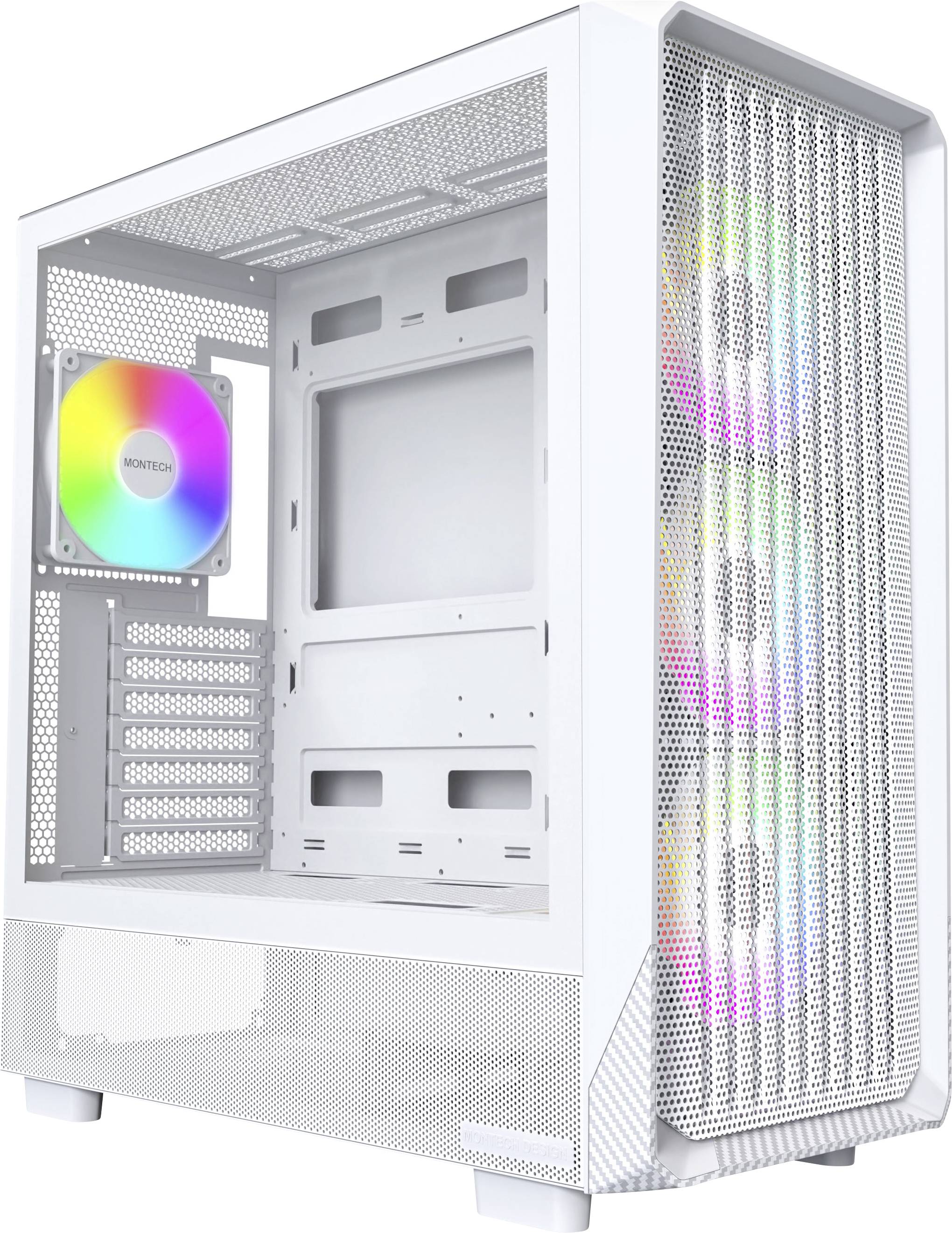Een witte computerbehuizing met mesh voorpaneel, zijkant van gehard glas, en interne RGB-ventilatoren die regenboogkleuren binnenin weergeven.