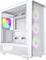 Een witte computerbehuizing met mesh voorpaneel, zijkant van gehard glas, en interne RGB-ventilatoren die regenboogkleuren binnenin weergeven.