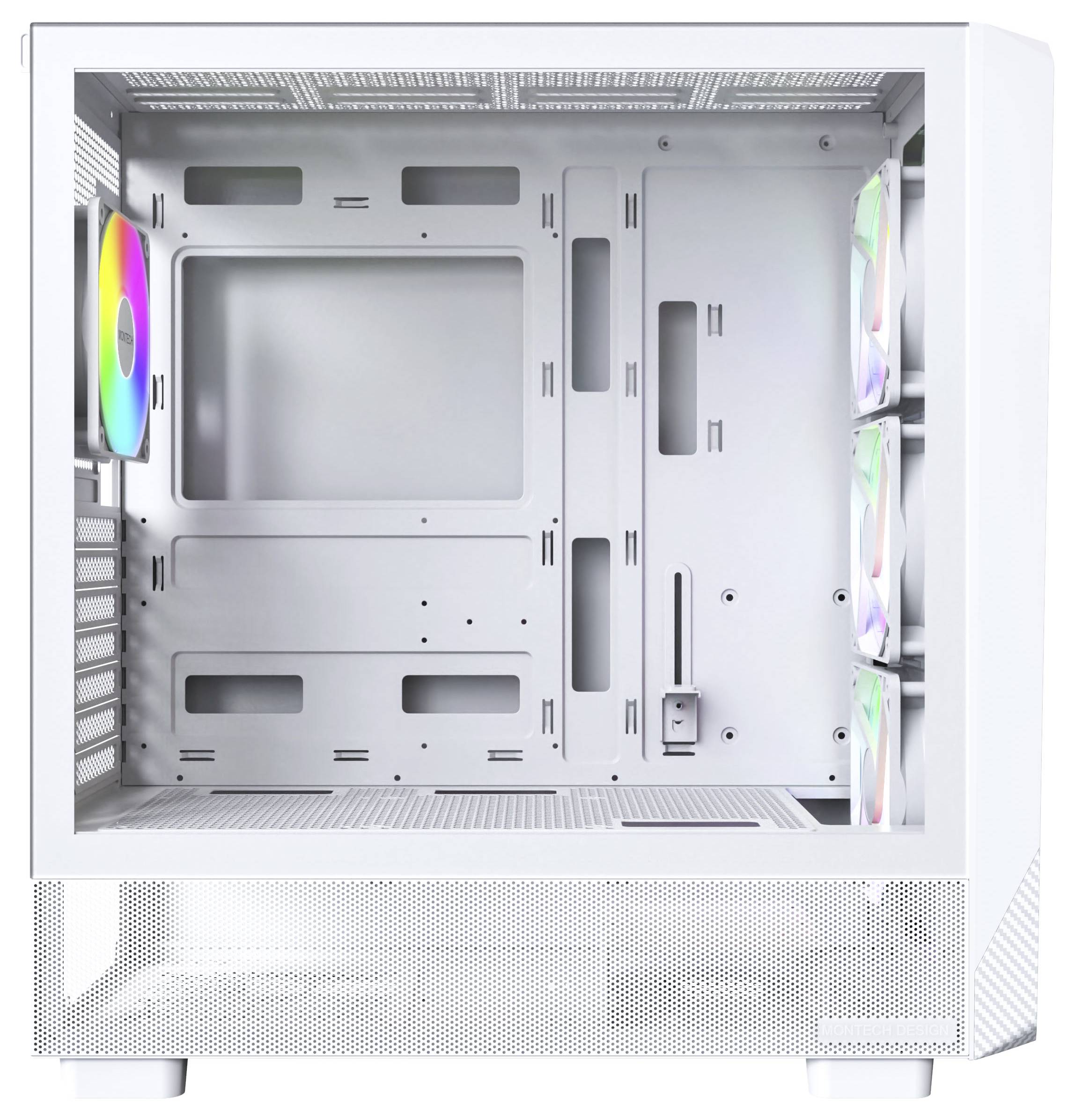 Een witte computertoren behuizing met transparante zijpanelen en meerkleurige LED-ventilatoren, met zichtbare sleuven voor componenten en luchtventilatie.