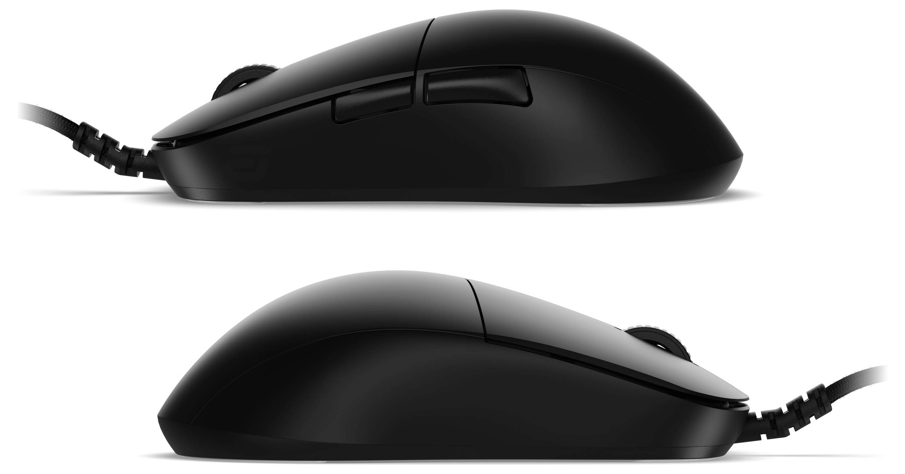 Zwarte computermuis van twee zijkanten, met weergave van knoppen en scrollwieltje, met nadruk op ergonomisch ontwerp.
