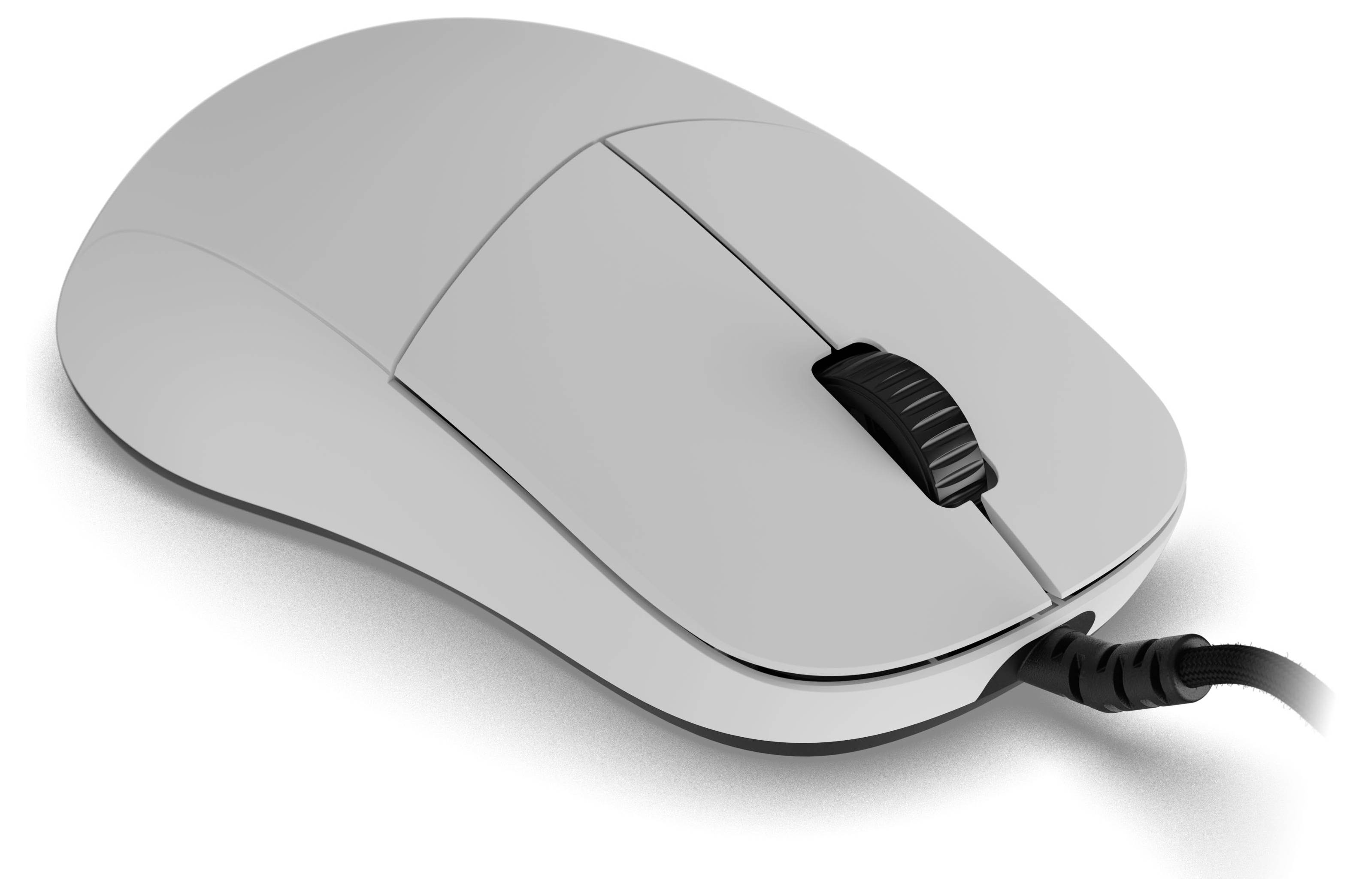 'Een grijze bedrade computermuis met een scrollwiel, ontworpen voor ergonomisch gebruik, ligt op een witte achtergrond.'