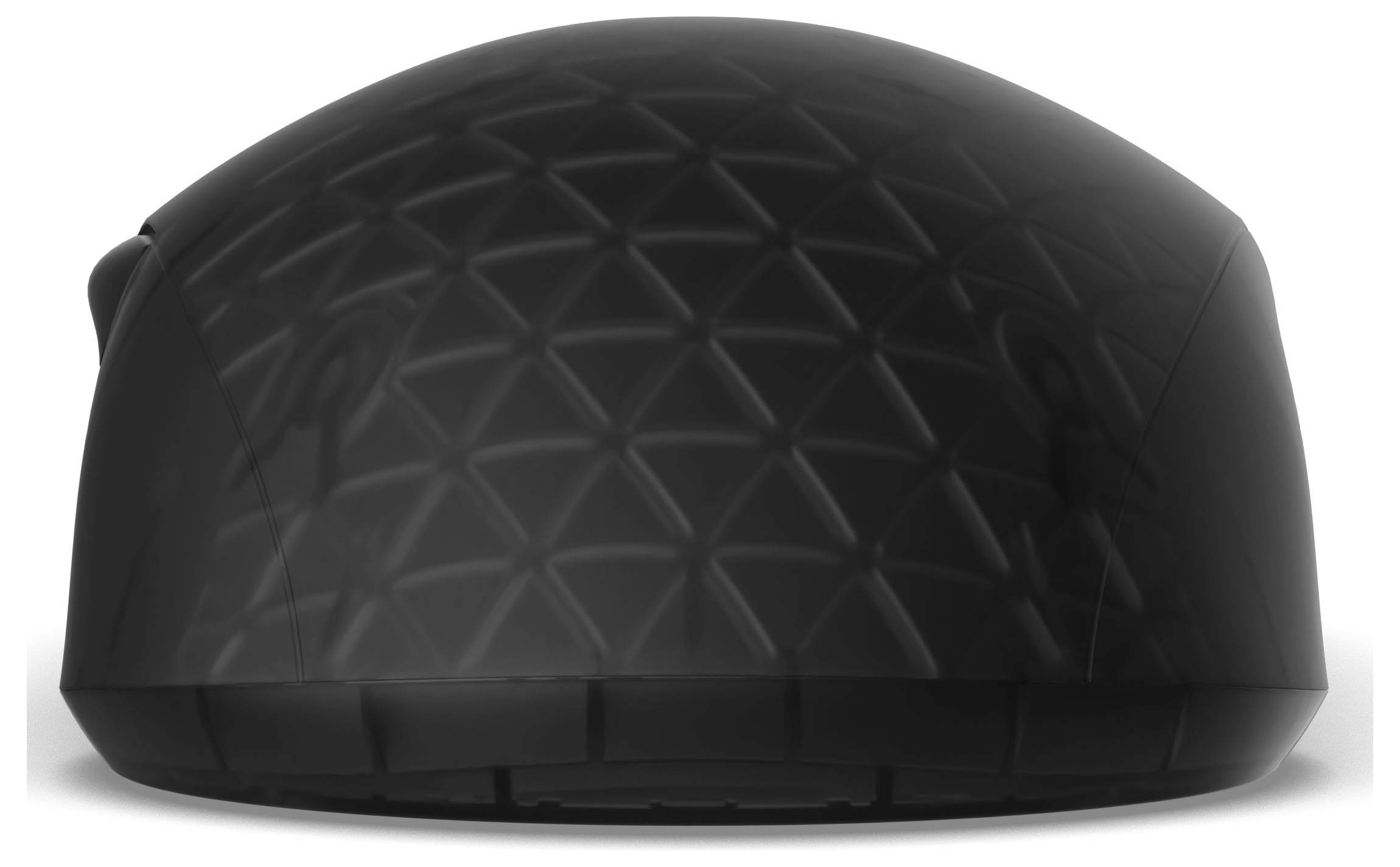 Een gequilted, zwart, ovaal vormig helmachtig object met een geometrisch diamantpatroon op het oppervlak, gepositioneerd tegen een witte achtergrond.