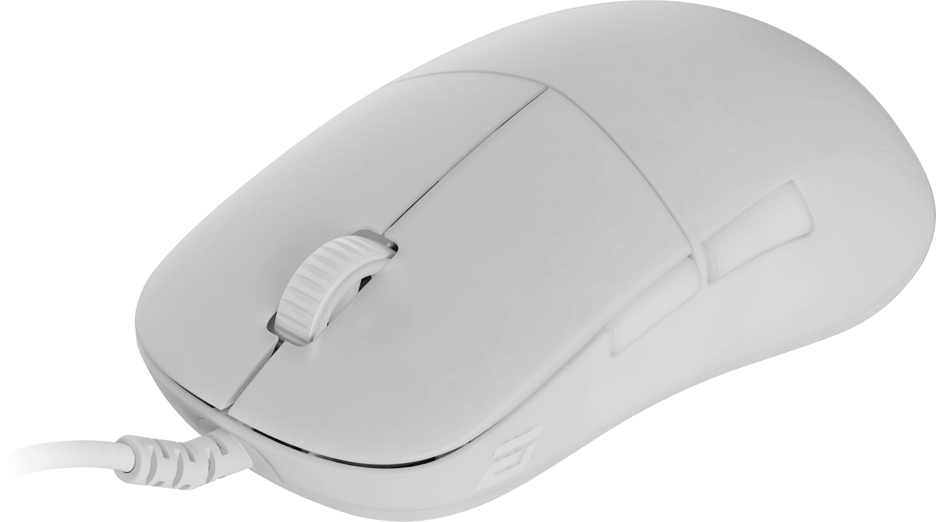 Een slanke witte computermuis met een scrollwiel en een aangesloten kabel, rustend op een vlak oppervlak, ontworpen voor ergonomisch gebruik.